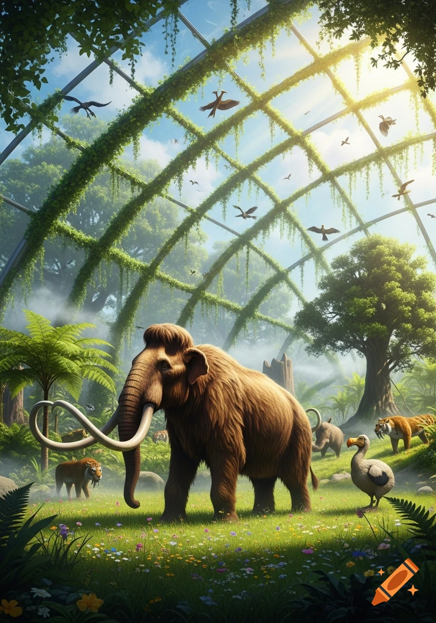 A woolly mammoth, saber-tooth tigers, and a dodo bird in a lush, overgrown glass dome zoo under a sunny sky.