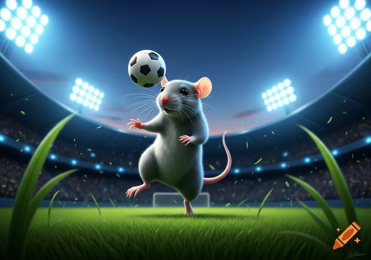 Arena With Rats A cute, grey rat plays soccer, bouncing a ball on its head on a green ...
