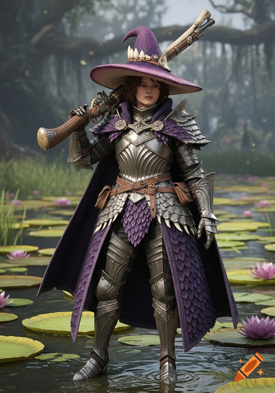 A female warrior in gothic silver armor with purple scales and a large purple mushroom witch hat stands in a swamp, holding a bone-crafted musket.