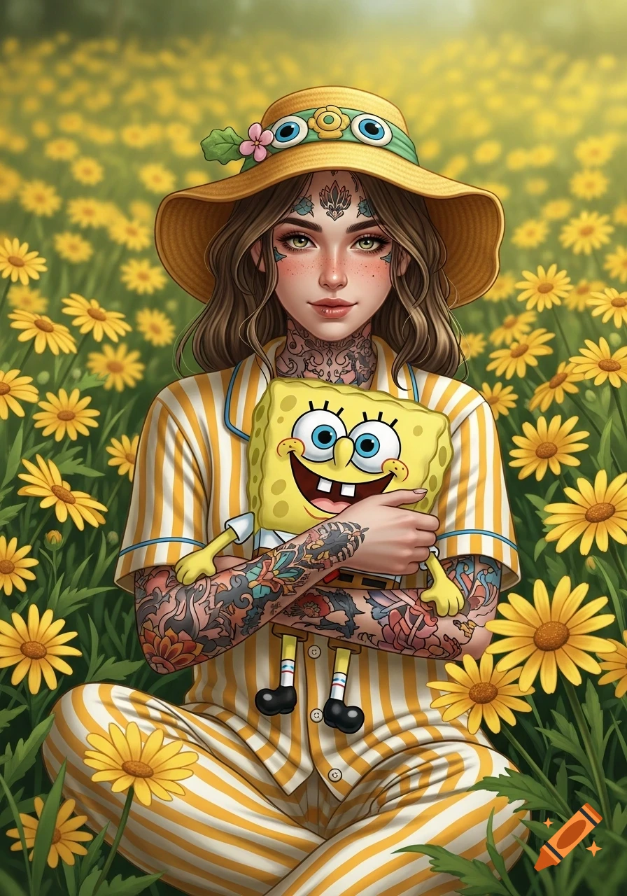 Tattooed woman in a straw hat and striped yellow pajamas sits among yellow daisies, holding a SpongeBob plushie, in a digital art style.