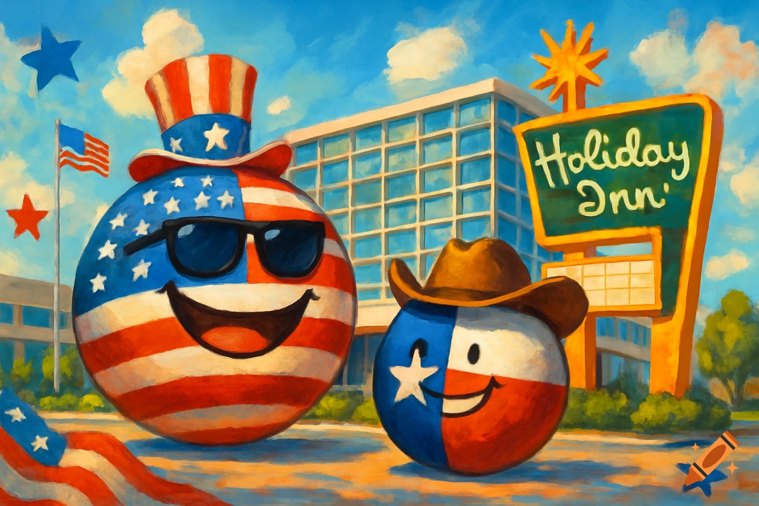 A painterly illustration of a smiling USA countryball with sunglasses and top hat, next to a Texas countryball, in front of a Holiday Inn.