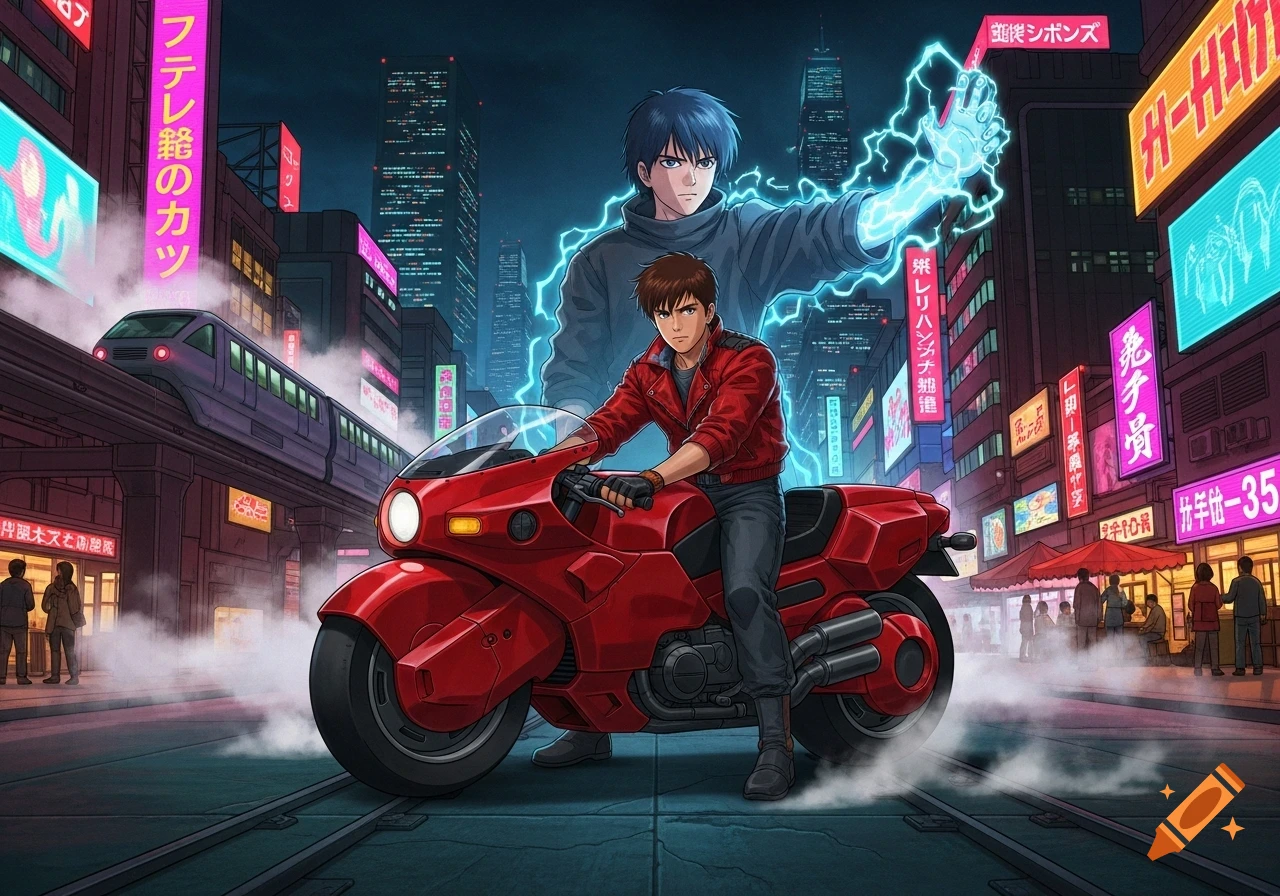 An anime illustration of a man on a red futuristic motorcycle, with another man generating electricity behind him, in a neon-lit cyberpunk city at night with an elevated train.