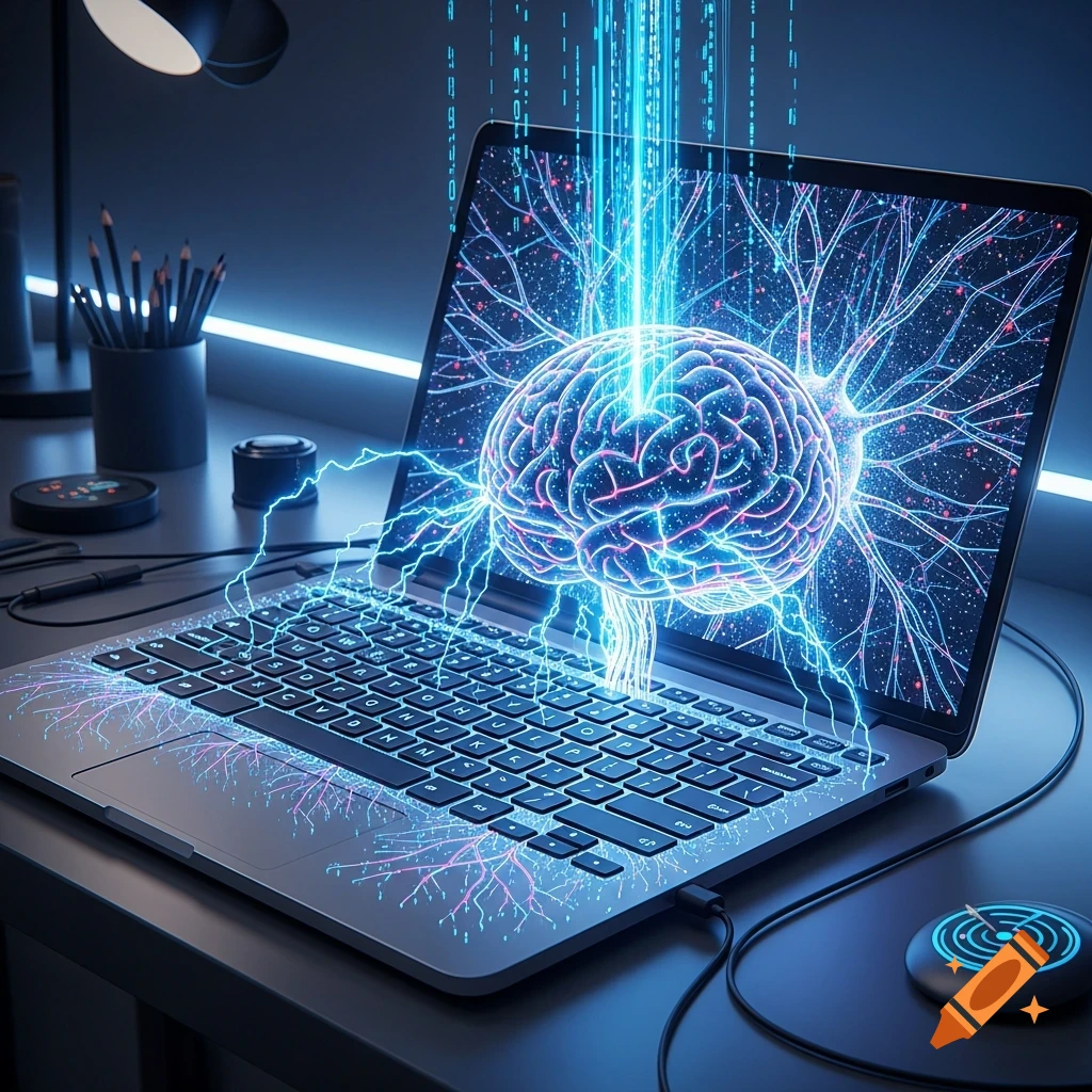 A glowing electric brain on a laptop screen with neural pathways and blue lightning, symbolizing AI or computational thought.