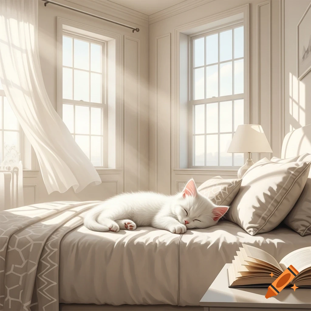 A cute white kitten sleeps peacefully on a cozy bed in a sunlit, creamy white, minimalist bedroom.