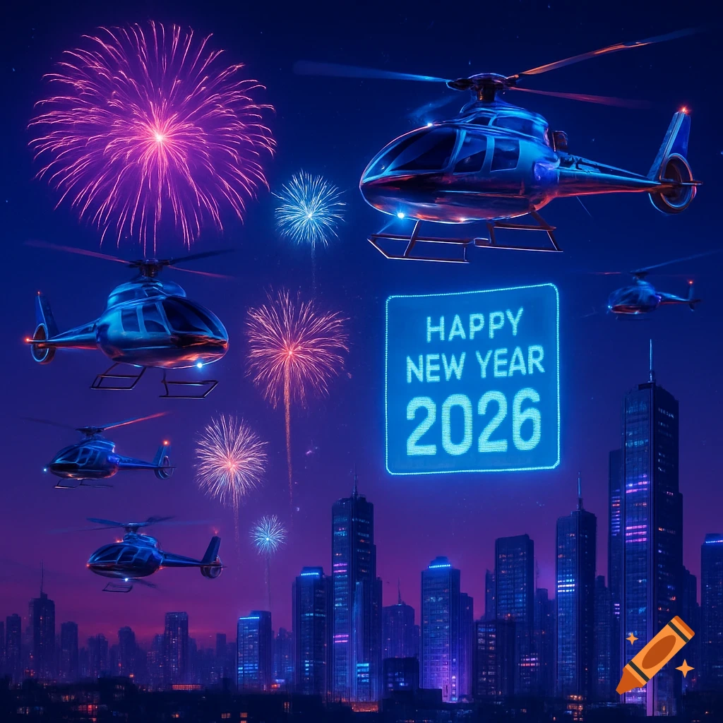Futuristic city at night with helicopters flying amidst purple and blue fireworks, and a glowing "Happy New Year 2026" sign.