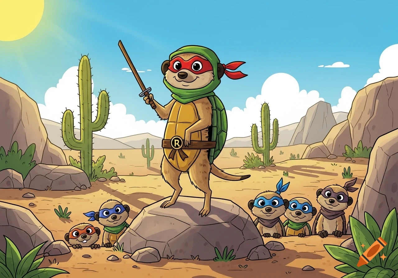 Cartoon meerkat dressed as a ninja turtle holding a sword, with smaller meerkats peeking from rocks in a sunny desert.