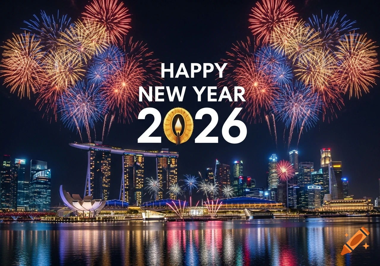 Happy New Year 2026 with colorful fireworks over the Singapore city skyline at night, reflected in the water.