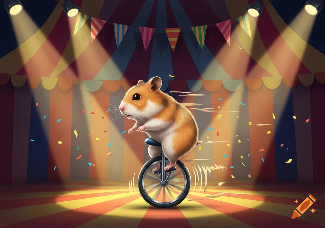 A cute cartoon hamster rides a unicycle on a circus stage with confetti and spotlights.