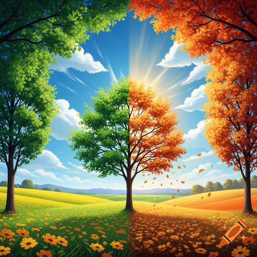 A vibrant landscape split: spring/summer with green trees and yellow fields on the left, and autumn with orange trees and falling leaves on the right, under a bright, sunlit sky.