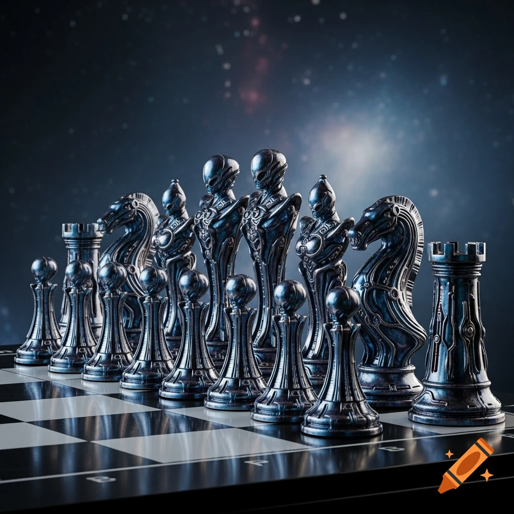 Metallic alien gothic chess pieces on a board under a starry sky.