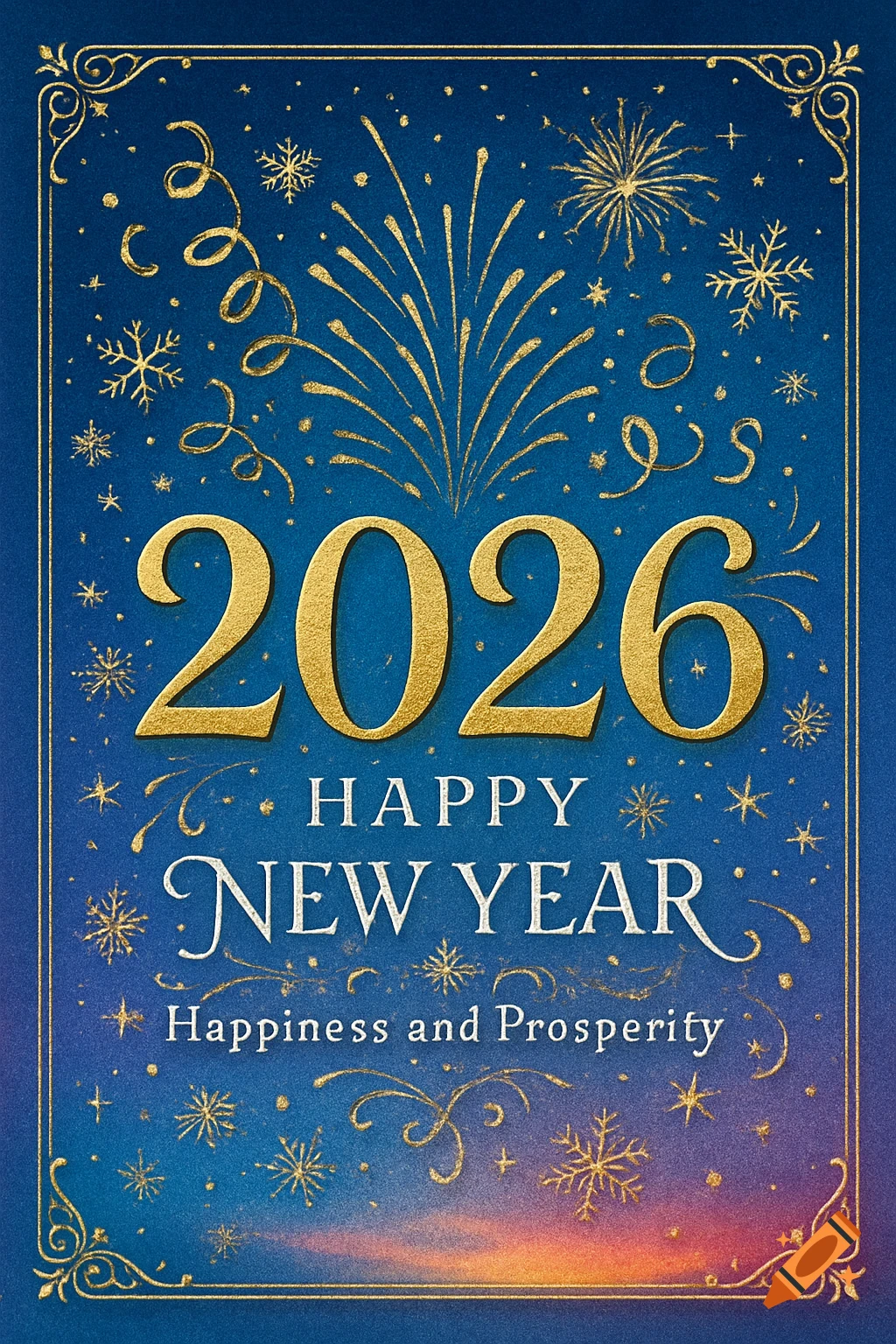 A blue New Year's greeting card with golden text '2026 Happy New Year, Happiness and Prosperity', fireworks, and snowflakes.