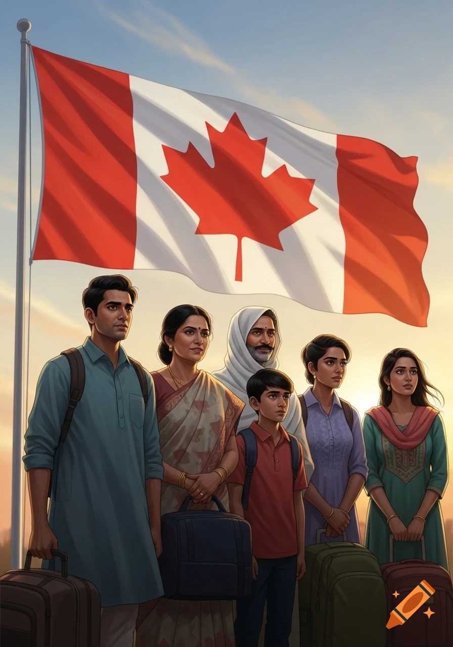 A family of South Asian immigrants, including a man, women, a boy, and a girl, stand with luggage in front of a large Canadian flag under a bright sky.
