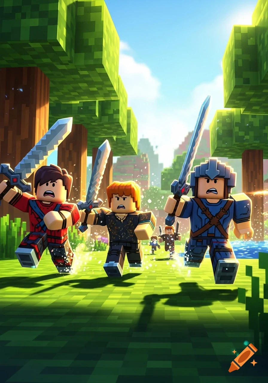Three block-style characters, resembling Roblox or Minecraft, run with swords across a vibrant blocky landscape under a sunny sky.