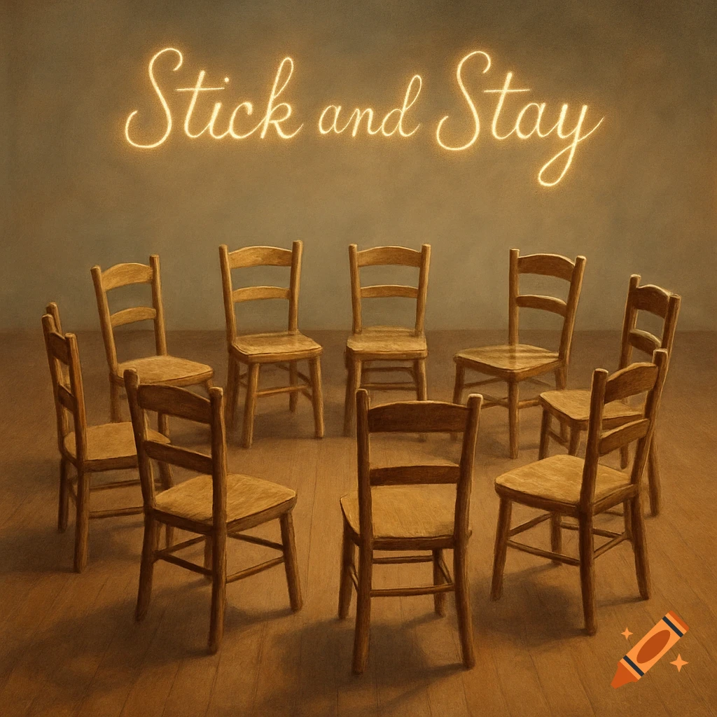 Empty wooden chairs arranged in a circle on a wooden floor, with glowing neon text 'Stick and Stay' on the wall above.