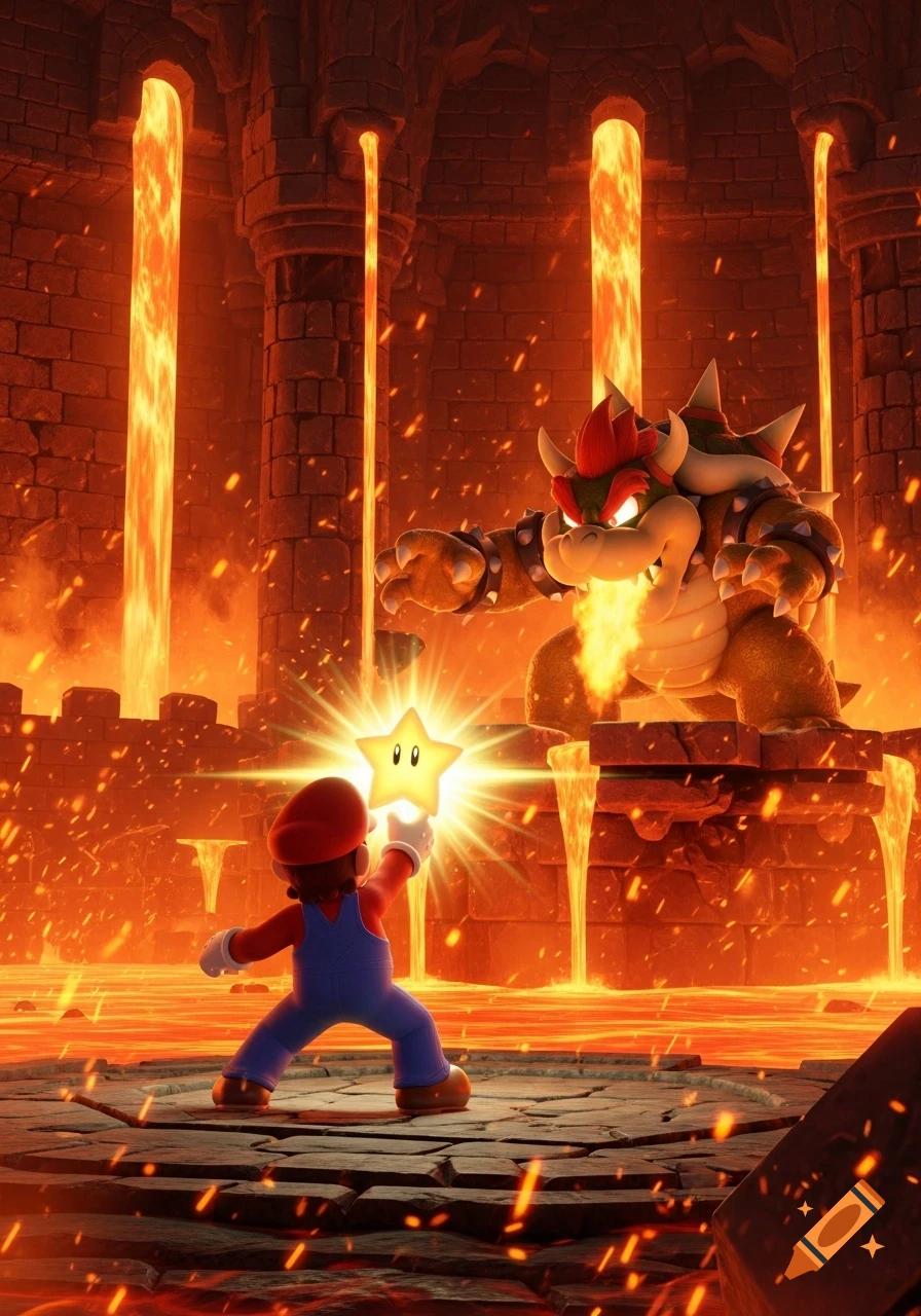 Mario, holding a glowing Super Star, confronts a fire-breathing Bowser in a molten, lava-filled castle environment.