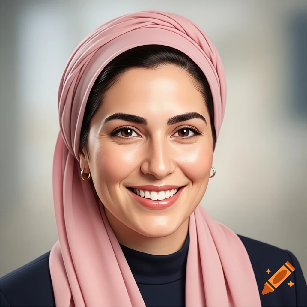 A smiling woman with brown eyes and a wide smile, wearing a pink headscarf and a dark top, depicted in a photorealistic style.