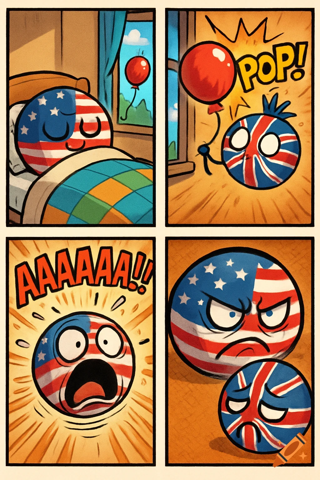 A four-panel comic featuring countryballs. USA sleeps, UK pops a balloon, USA screams, then USA is angry at a sad UK.