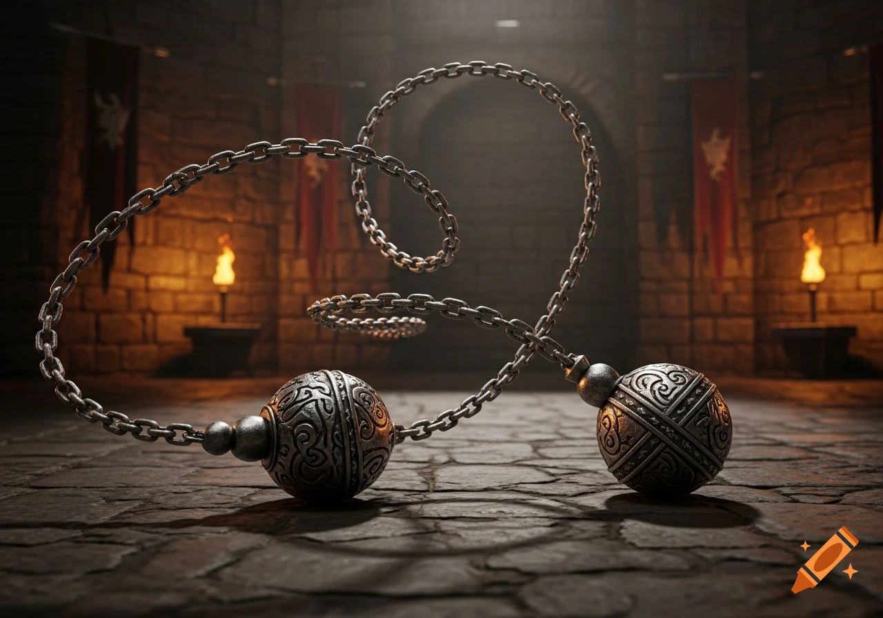 Two ornate silver flail heads with chains rest on a stone floor in a dark, torch-lit dungeon with banners.