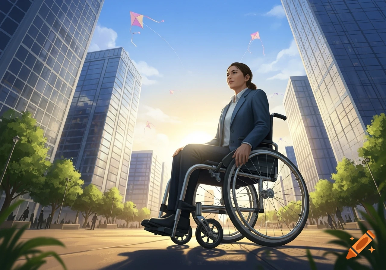 A woman in a suit in a wheelchair looks up at kites flying over a sunny city street with tall buildings.