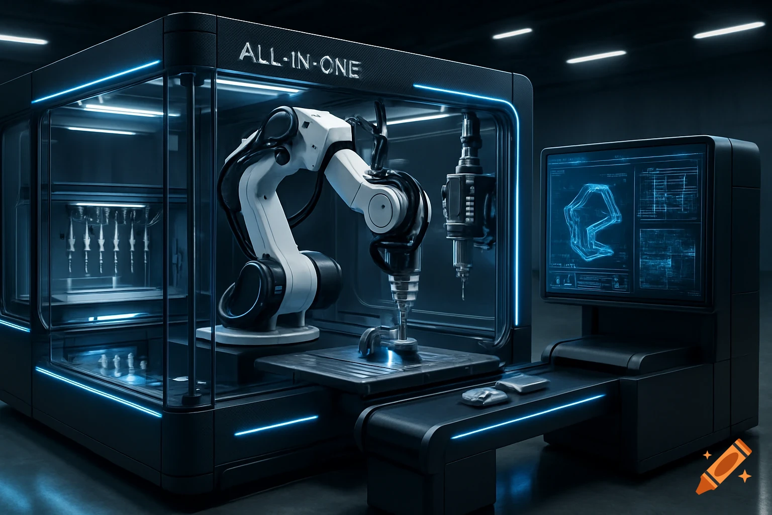 A futuristic 'All-in-One' manufacturing cell with a robotic arm, glowing blue LEDs, and a holographic screen in a high-tech industrial lab, photorealistic.