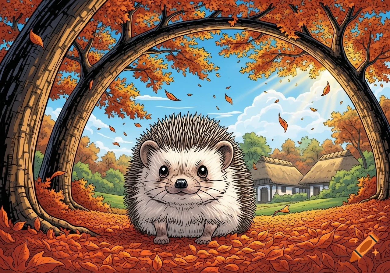 A cute manga-style hedgehog sits in an autumn forest with falling leaves and distant houses.