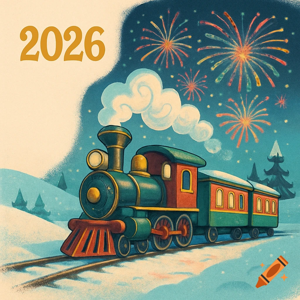 A colorful cartoon steam train on tracks in a snowy landscape with fireworks in the night sky and '2026' text.