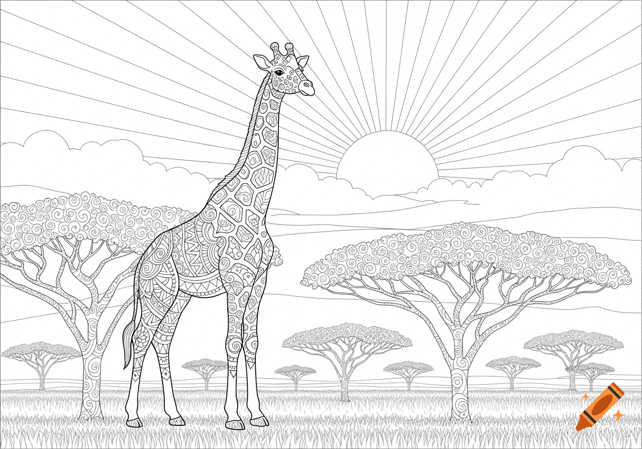 A black and white line art coloring page featuring a giraffe standing in a savanna landscape with acacia trees and a radiating sun.