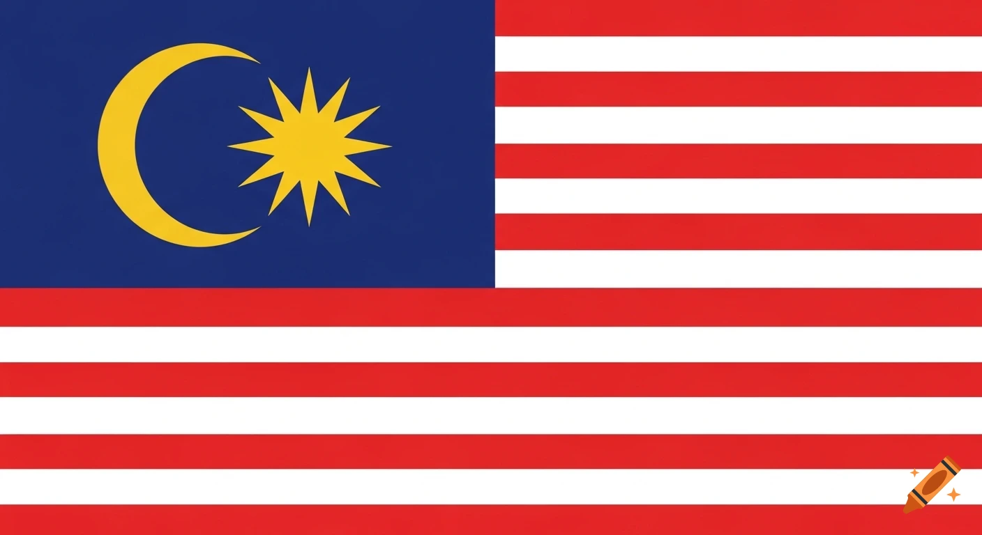 The Malaysian flag, featuring 14 red and white stripes, a blue canton with a yellow crescent moon and a 14-point star.