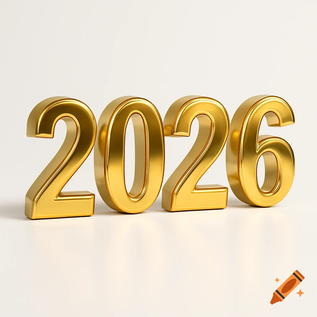 Shiny gold 3D numbers forming 2026 on a clean white background.