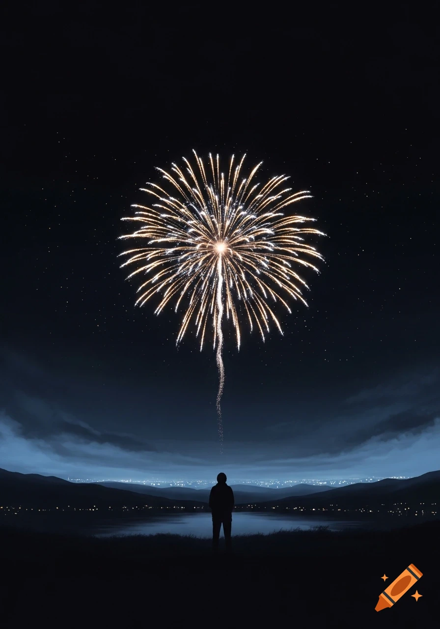 A lone person in silhouette watches a bright gold and white firework exploding over a dark lake, with distant city lights and mountains under a starry night sky.