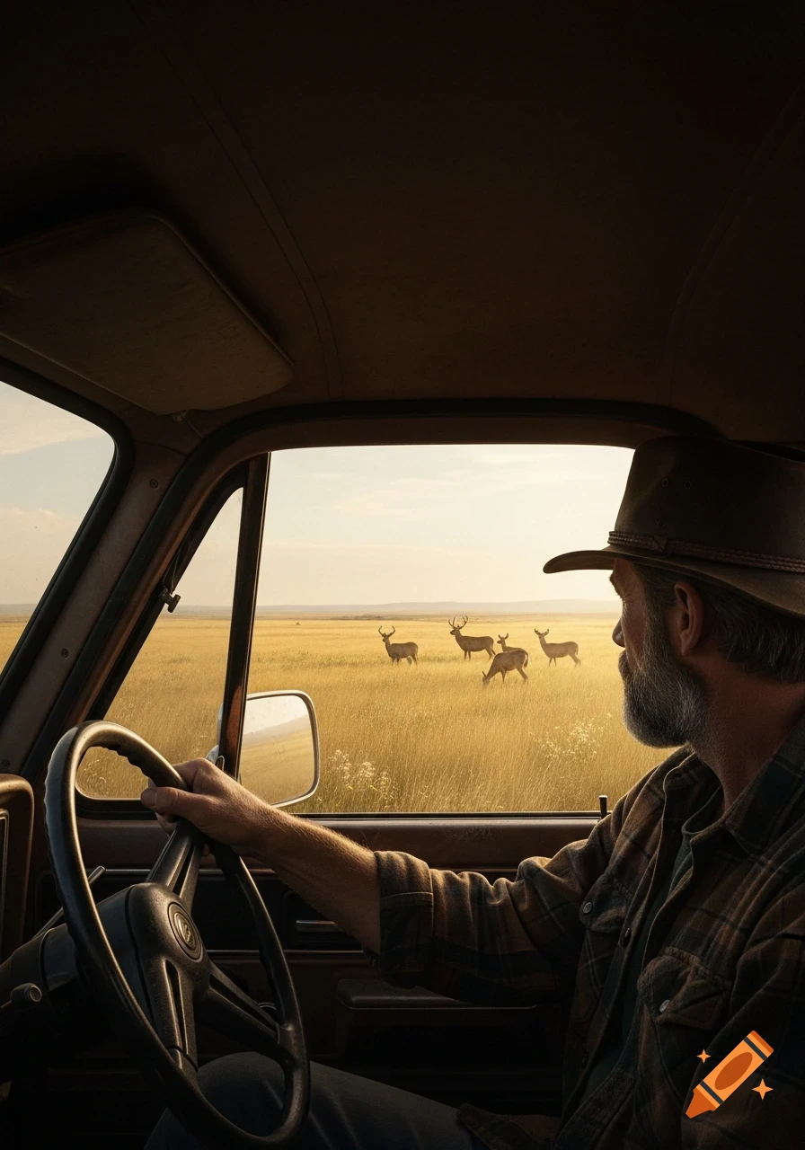 Bearded man in a hat driving a truck, looking out at deer in a golden field under a soft sky.