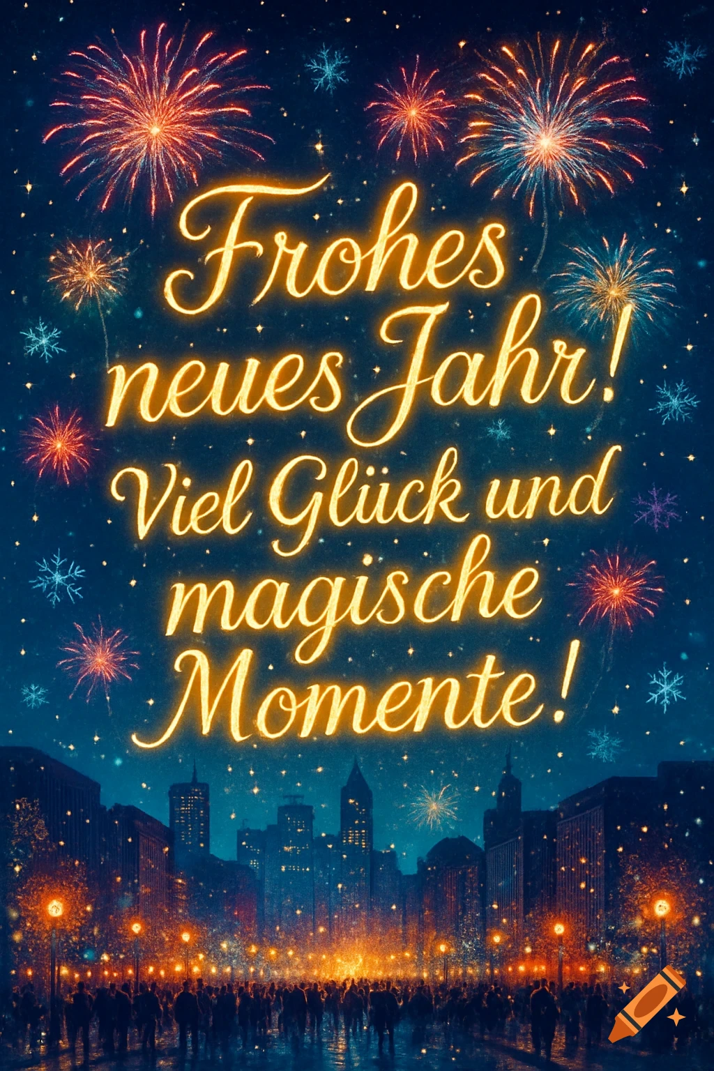 New Year's greeting card with glowing German text over a city skyline with vibrant fireworks and a crowd.