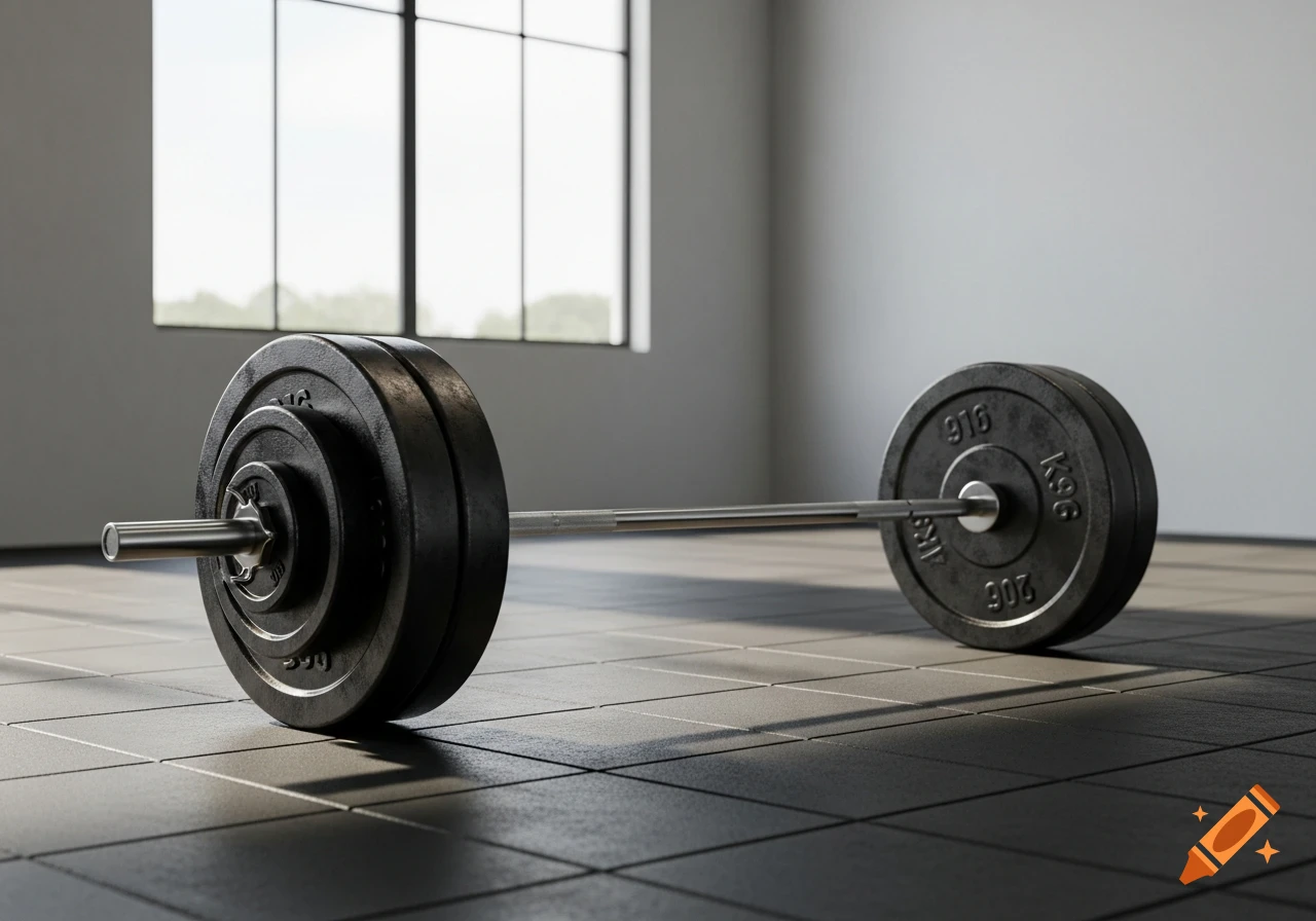 A photorealistic image of a barbell with weights on a black tiled floor in a gym, lit by natural light from a large window.