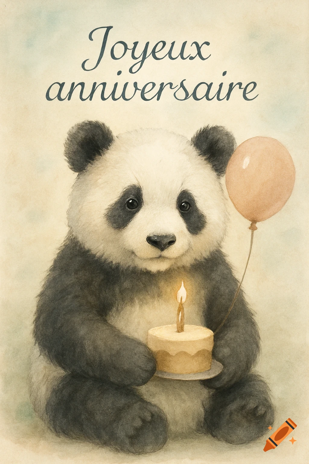 A watercolor illustration of a cute panda holding a small birthday cake with a lit candle, a pink balloon, and "Joyeux anniversaire" text.