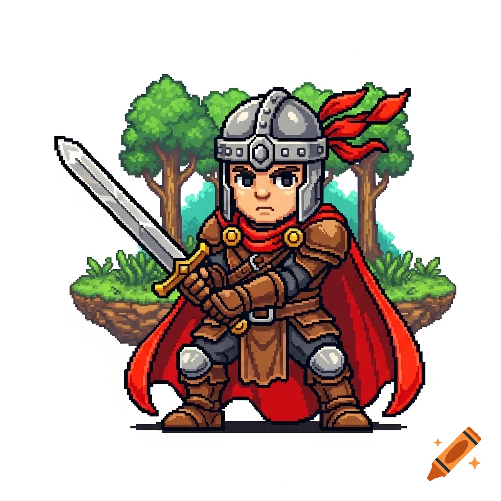 Pixel art RPG sprite of a knight in armor and red cape, holding a sword, on a floating island with trees.