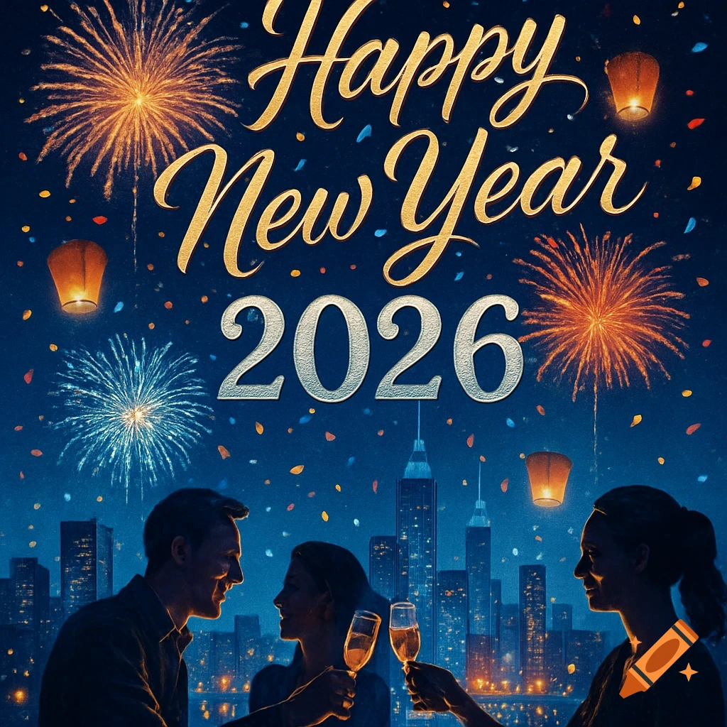 Cityscape at night with people toasting champagne under fireworks and sky lanterns, wishing 'Happy New Year 2026'.