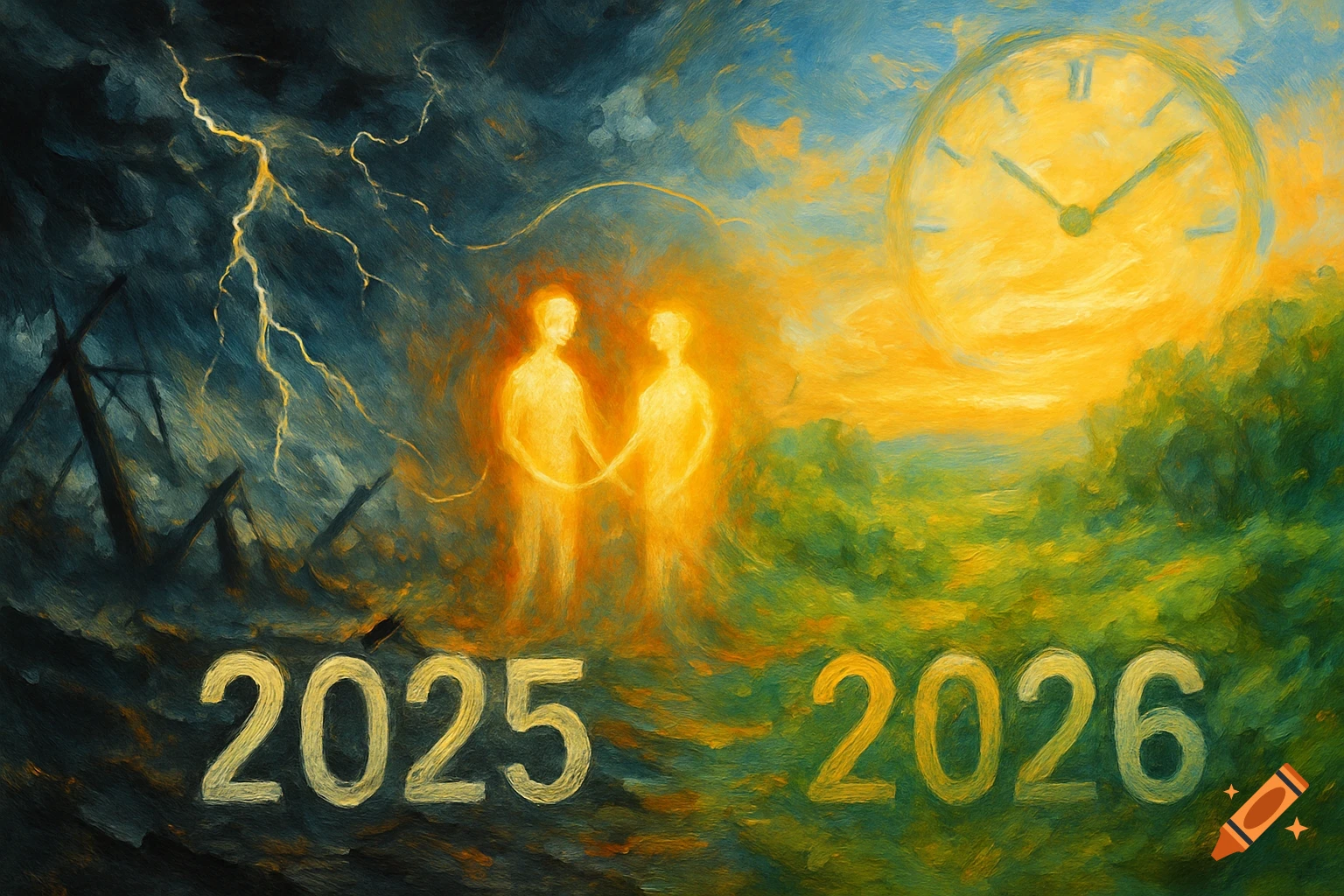Painterly image of 2025 transitioning to 2026, with glowing figures, a stormy left, and a bright, green right with a clock.