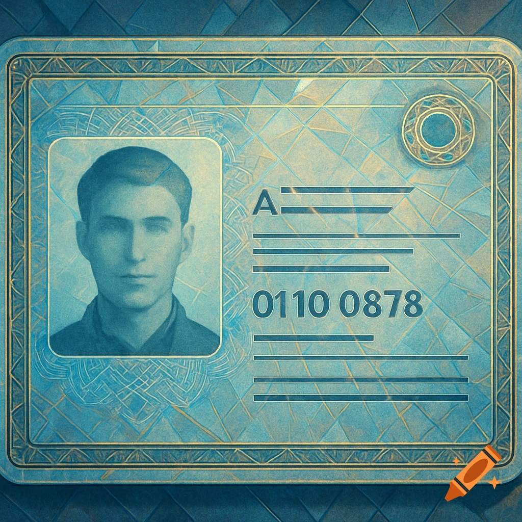 A blue and gold stylized ID card with a serious man's portrait and a legible number 0110 0878.