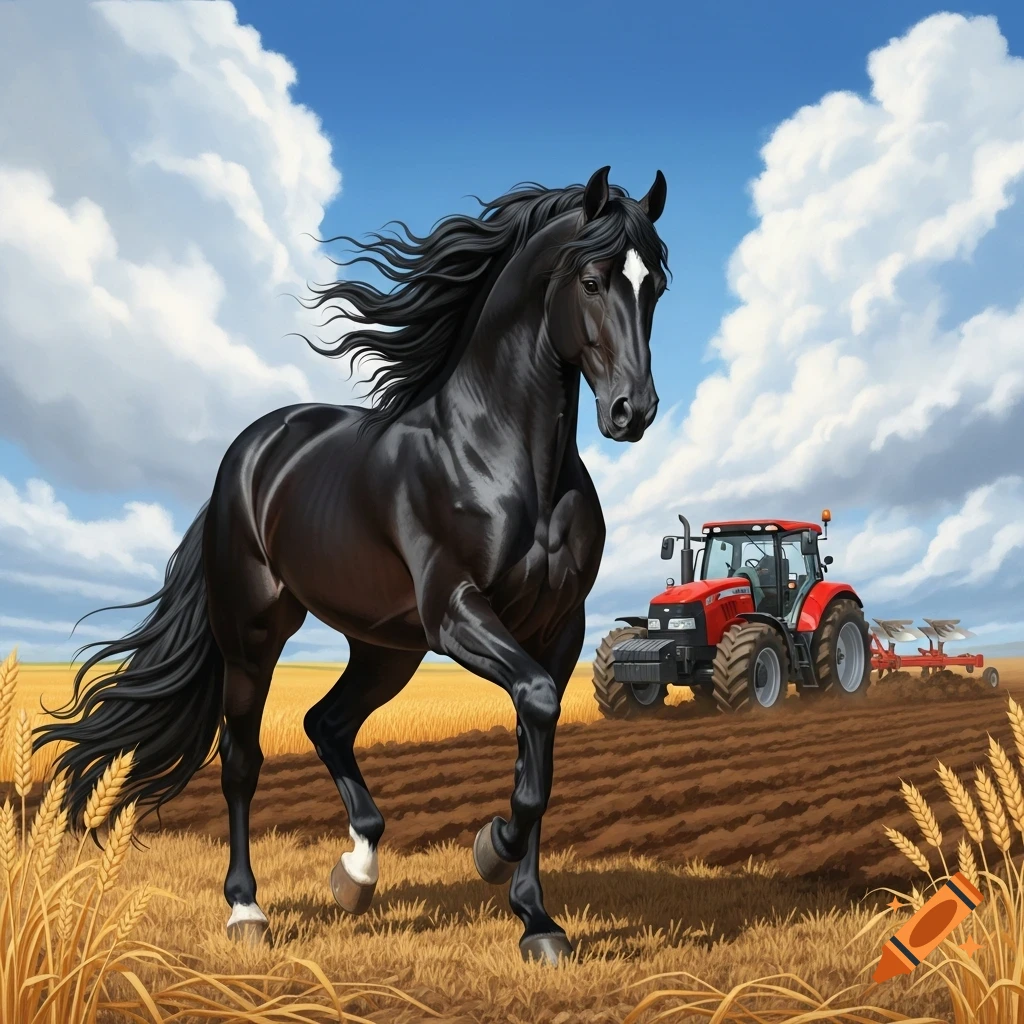 A black horse with a white blaze gallops through a golden field, a red tractor plows brown earth in the background under a blue sky.