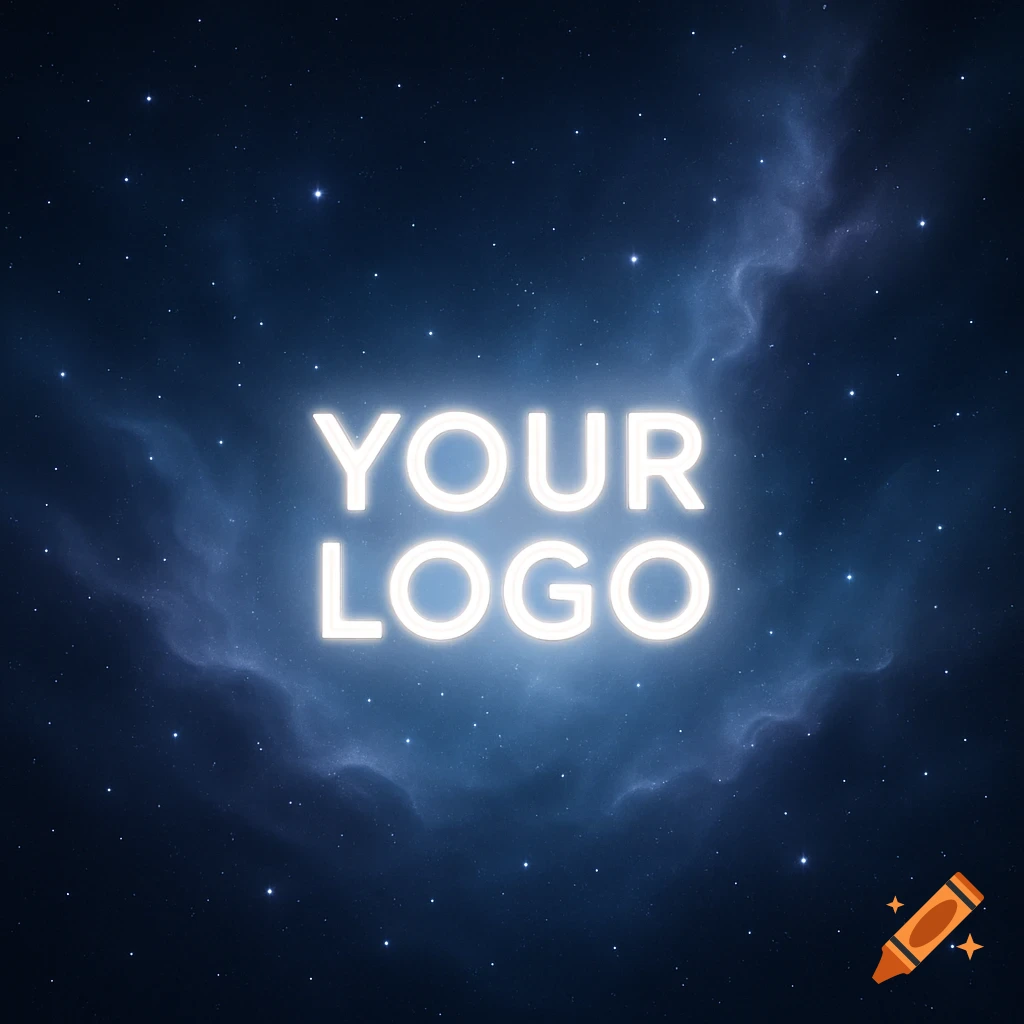 A glowing 'YOUR LOGO' text centered against a dark blue cosmic background with twinkling stars and soft nebulas.