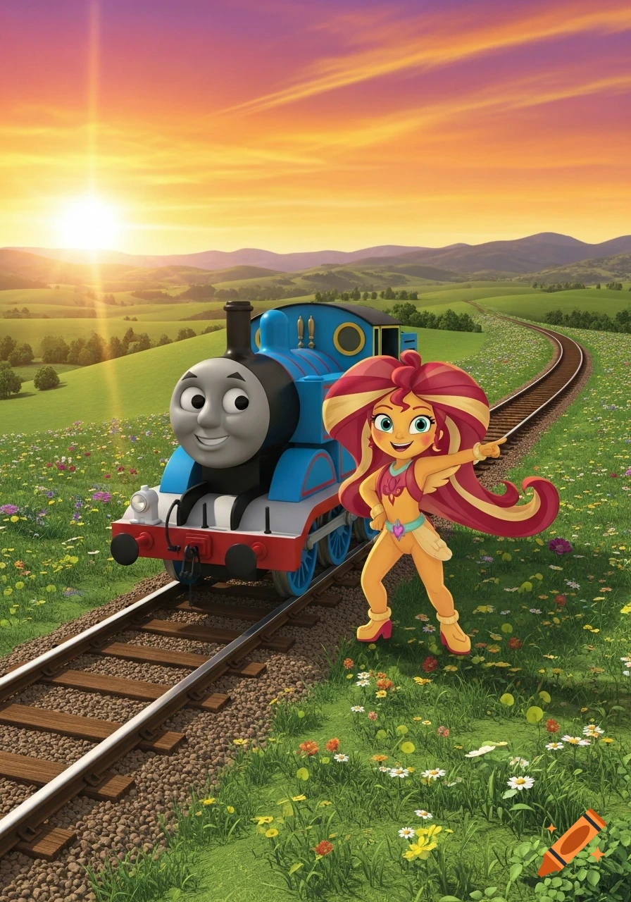 Thomas the Tank Engine and Sunset Shimmer stand on train tracks in a sunny, green field with rolling hills.