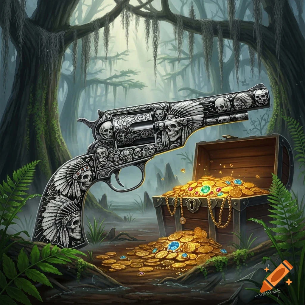 A detailed pistol with skull and feather engravings, next to an open treasure chest overflowing with gold and gems in a misty swamp.
