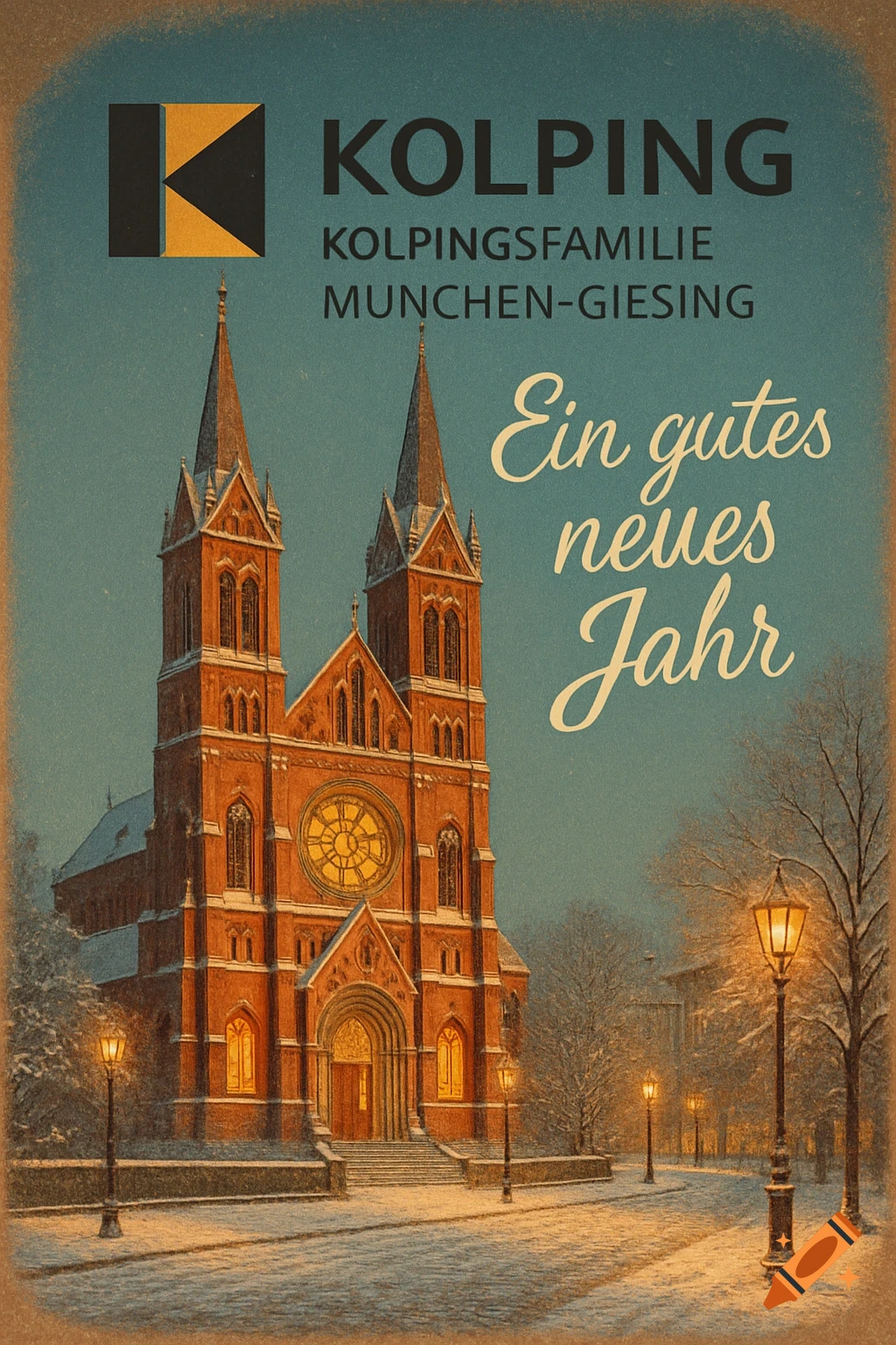 Vintage poster of a red-brick church in a snowy winter scene with streetlights, featuring German text: KOLPING, KOLPINGSFAMILIE MUNCHEN-GIESING, Ein gutes neues Jahr.