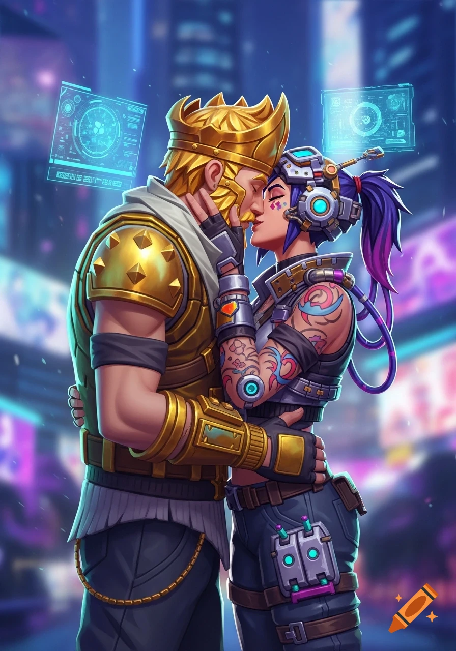 Midas and Jules from Fortnite kiss under holographic displays in a vibrant cyberpunk city.