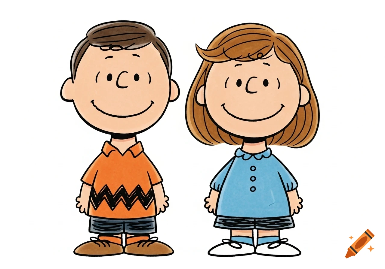 A cartoon boy in an orange zigzag shirt and a cartoon girl in a blue dress, both smiling in Peanuts comic style.