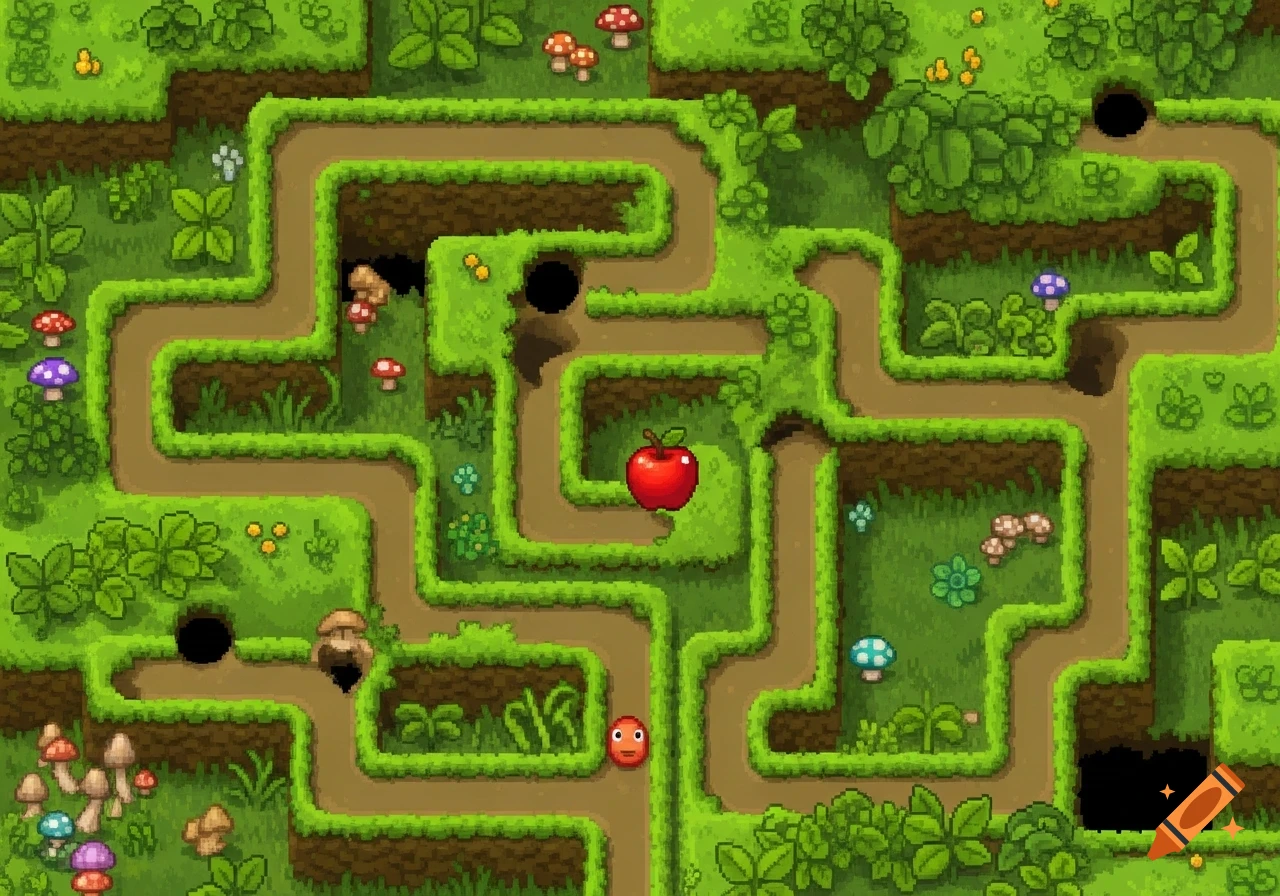 Top-down pixel art maze game with green paths, bushes, mushrooms, dark holes, a red apple, and a small red character.