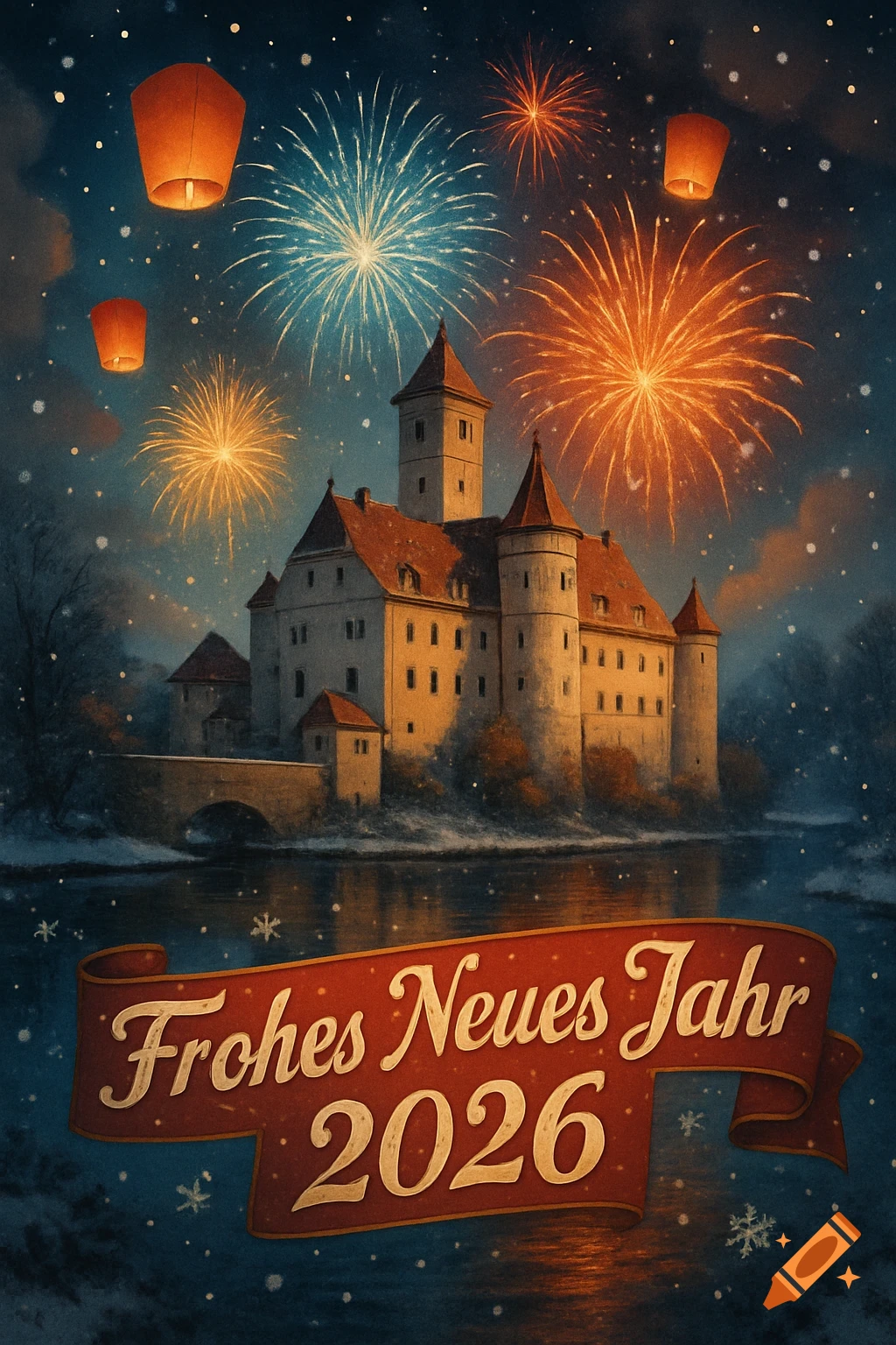 A picturesque castle and bridge are illuminated by fireworks and floating lanterns against a snowy night sky, with a banner reading 'Frohes Neues Jahr 2026'.