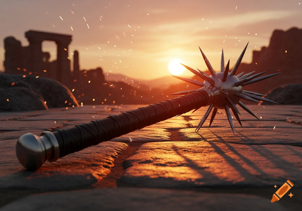 A close-up of a spiked mace lying on stone, silhouetted against a dramatic sunset with ruins and sparks in the background.