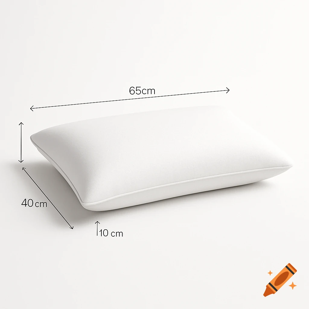 A white rectangular pillow on a white background with measurement lines indicating a width of 65cm, depth of 40cm, and height of 10cm.