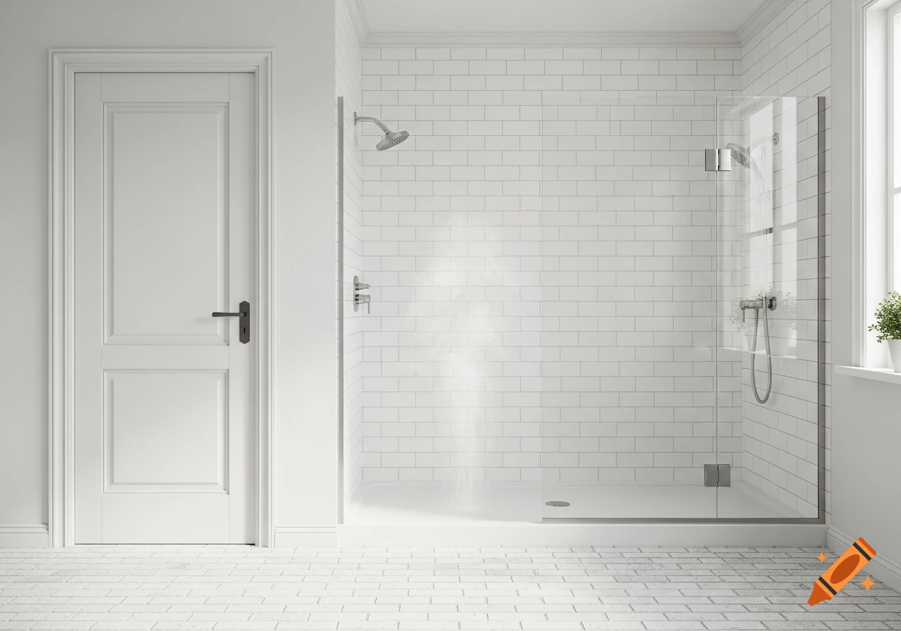 A modern bathroom with white subway tile walls, a walk-in glass shower, a white door, and white brick-patterned floors.